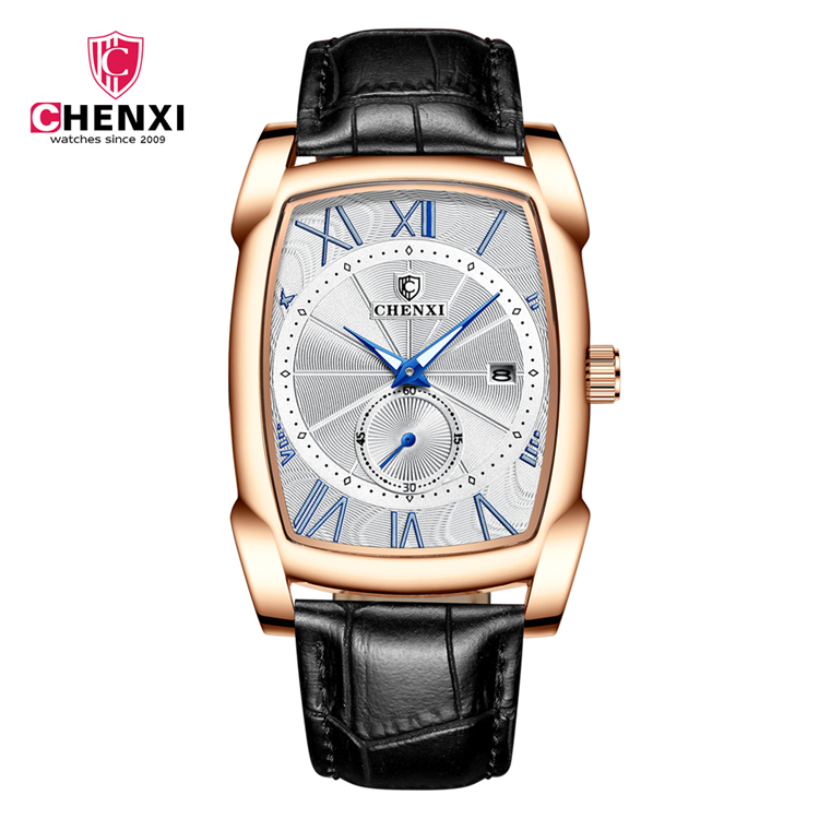 ساعت مچی مردانه چنکسی مدل CHENXI 8209 رزگلد سفید مشکی چرم