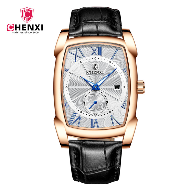 ساعت مچی مردانه چنکسی مدل CHENXI 8209 رزگلد سفید مشکی چرم