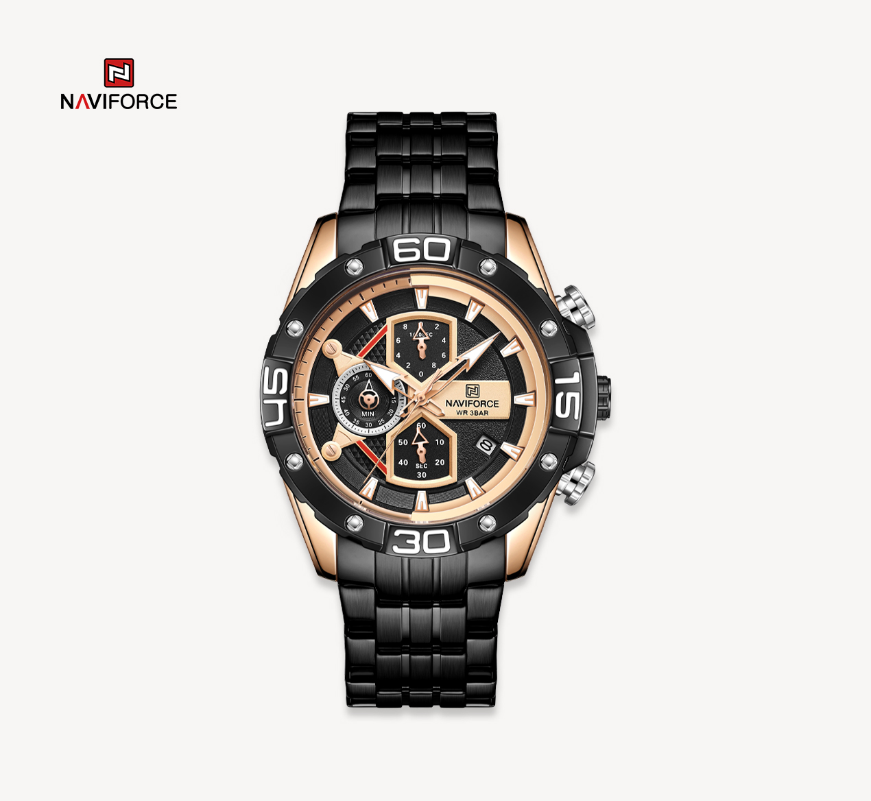 ساعت مچی مردانه نیوی فورس استیل مدل NAVIFORCE 8018 مشکی رزگلد