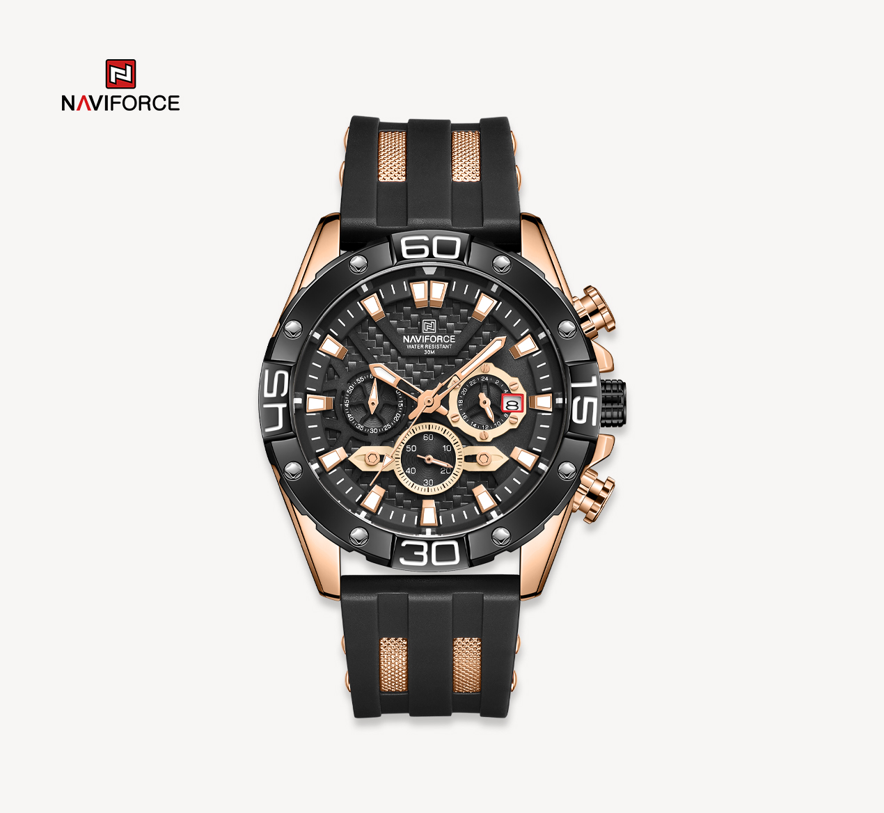 ساعت مچی مردانه نیوی فورس سیلیکونی مدل Naviforce 8019 رزگلد مشکی