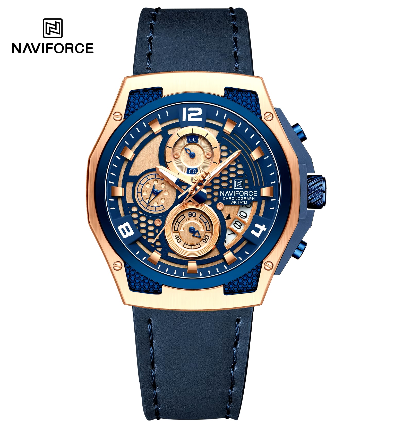 ساعت مچی مردانه نیوی فورس چرمی مدل NAVIFORCE 8051 آبی رزگلد