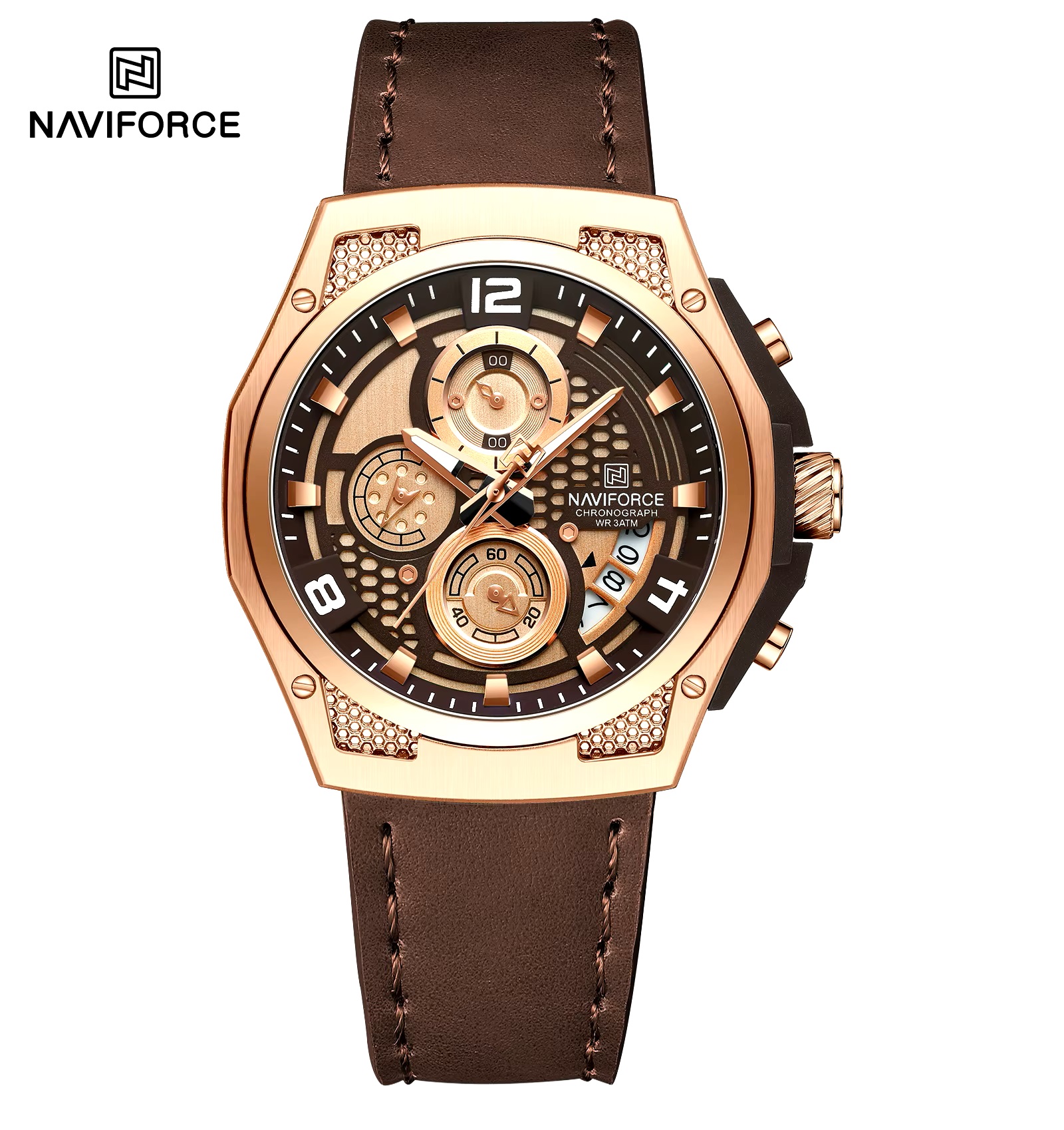 ساعت مچی مردانه نیوی فورس چرمی مدل NAVIFORCE 8051 رزگلد قهوه ای