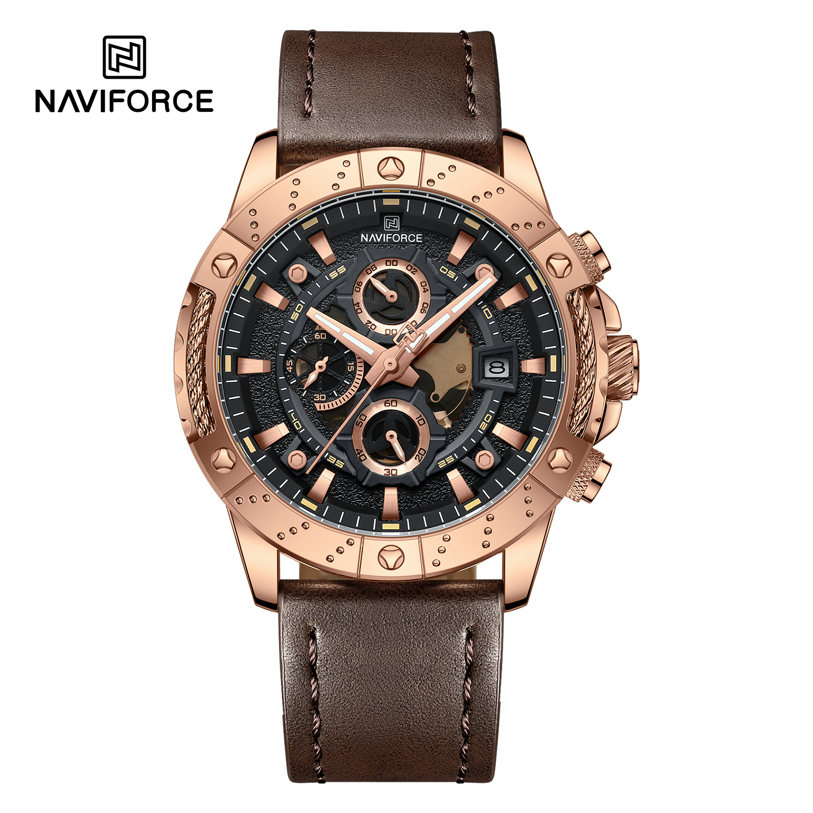 ساعت مچی مردانه نیوی فورس مدل NAVIFORCE 8055 رزگلد قهوه ای