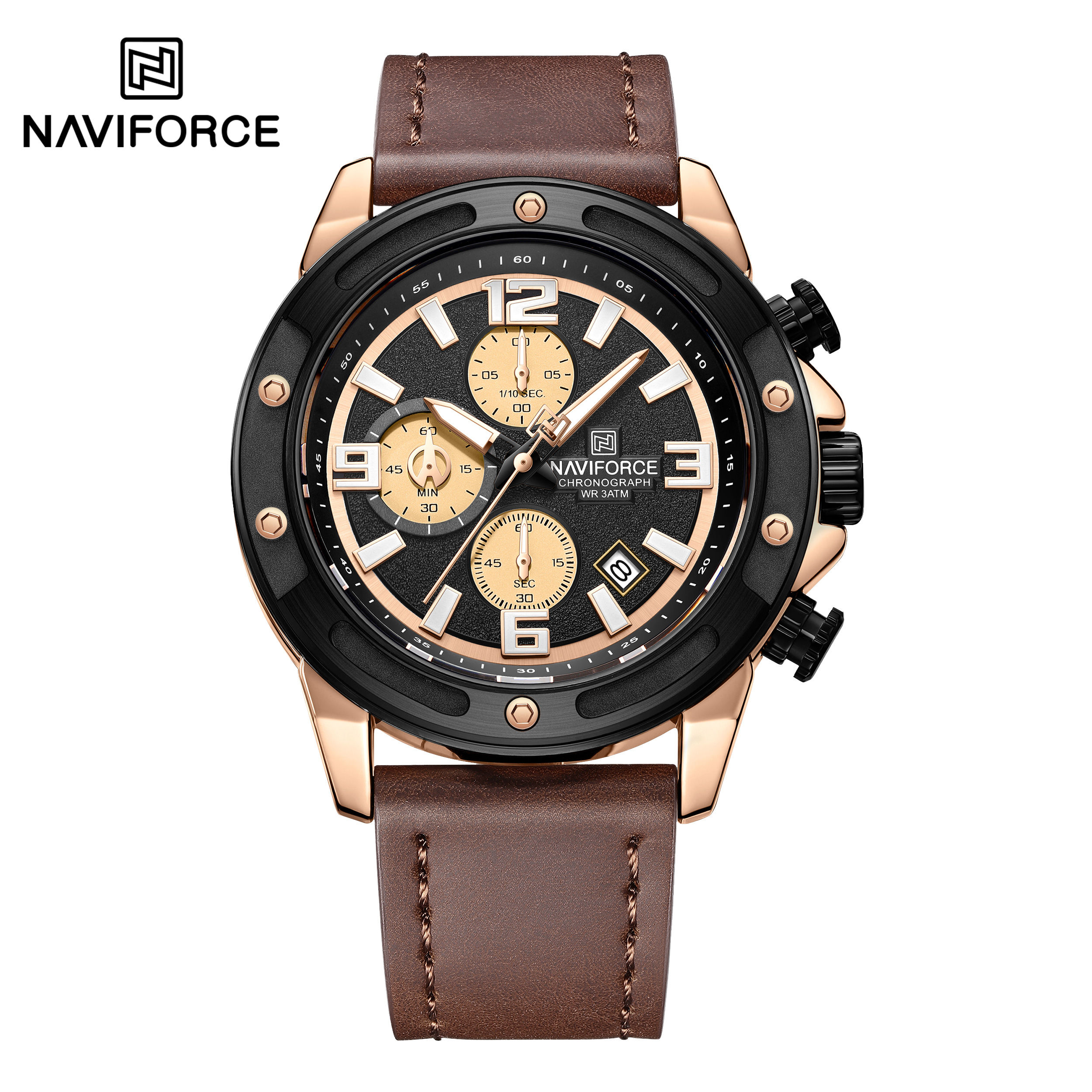 ساعت مچی مردانه نیوی فورس چرمی مدل NAVIFORCE 8074 رزگلد قهوه ای