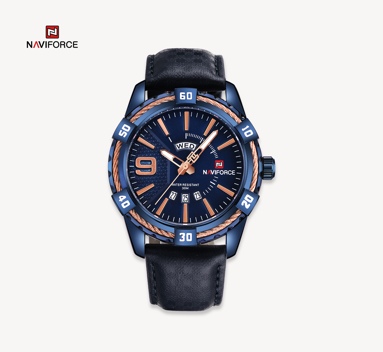 ساعت مچی مردانه نیوی فورس چرمی مدل naviforce 9117 آبی