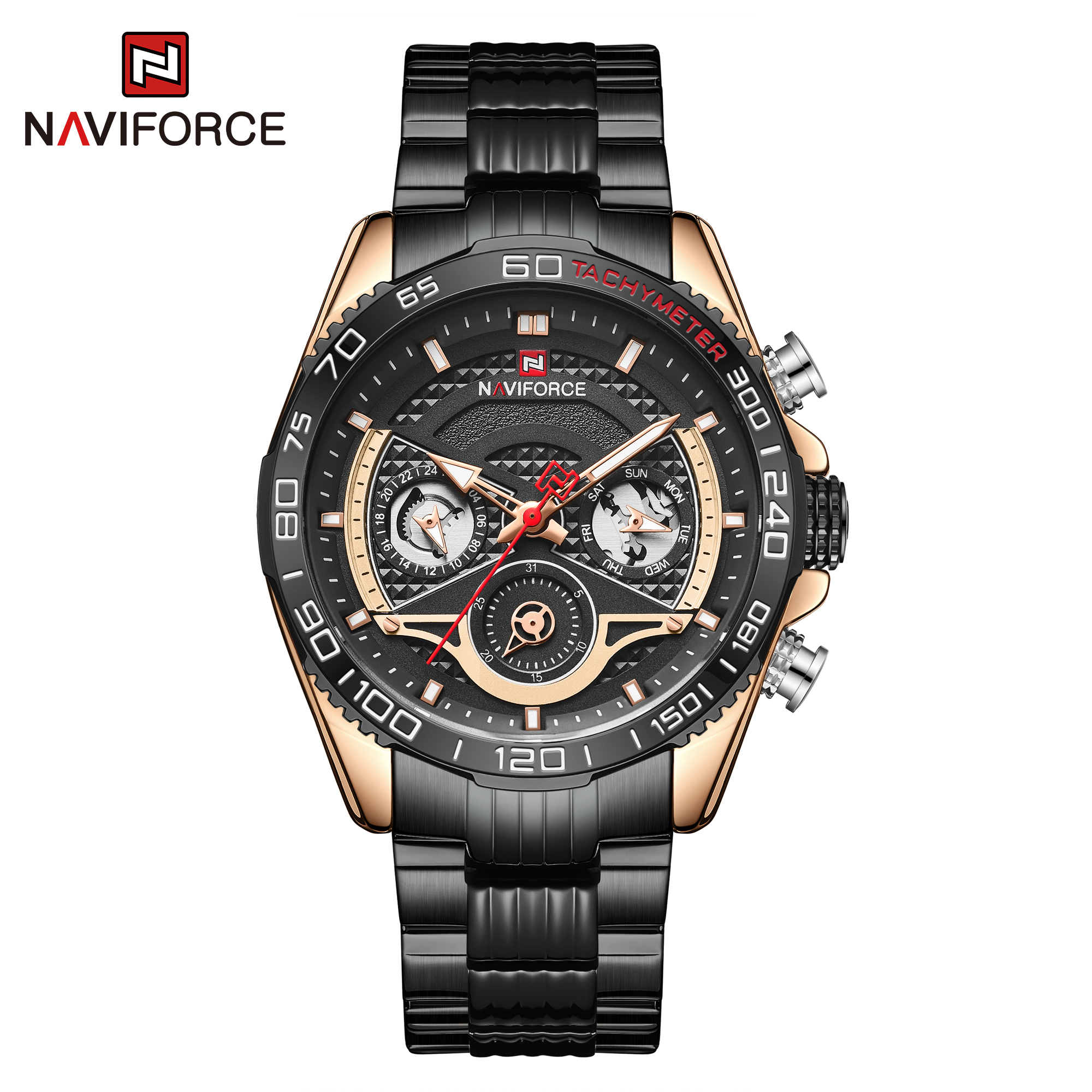 ساعت مچی مردانه نیوی فورس مدل naviforce 9185 رزگلد مشکی