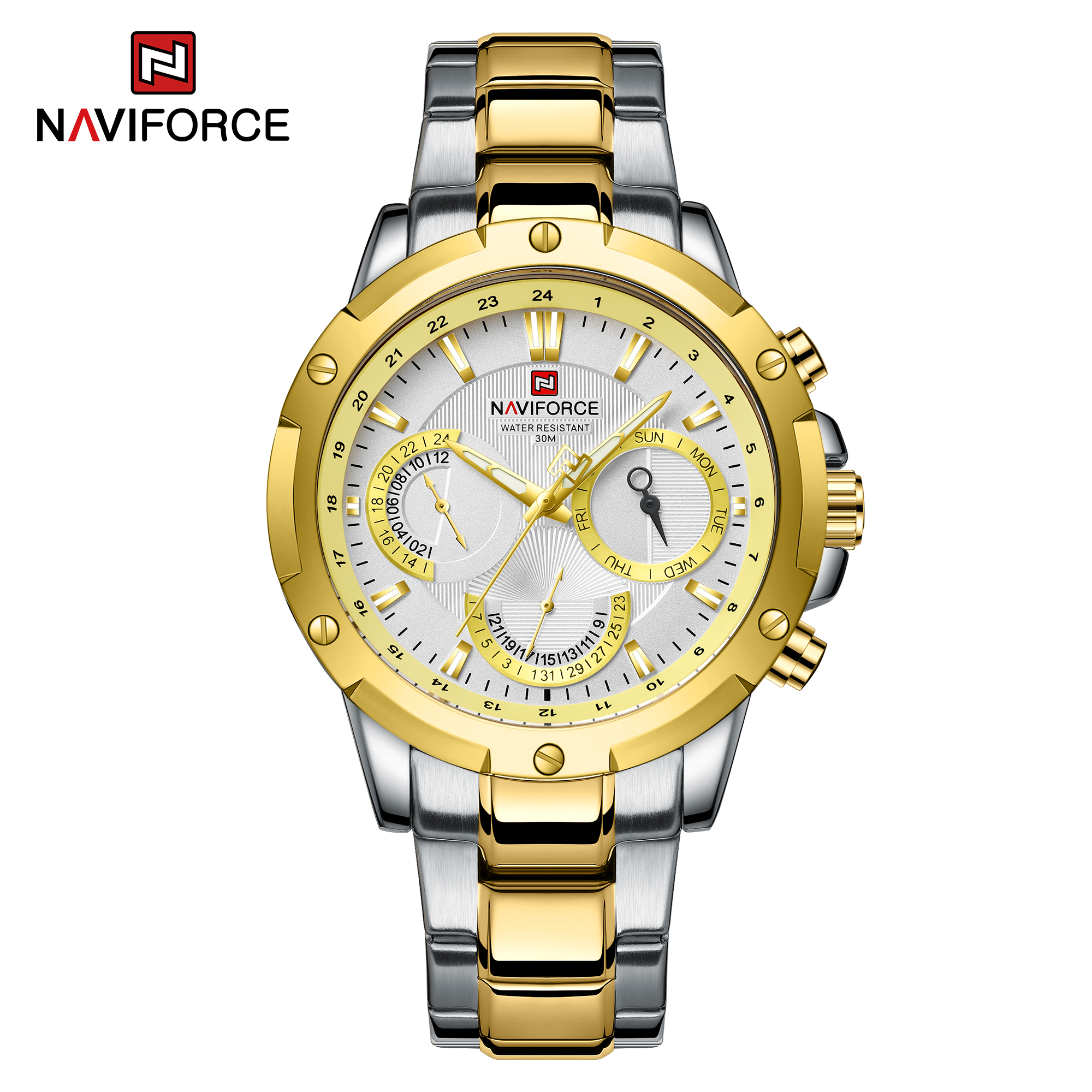 ساعت مچی مردانه نیوی فورس مدل naviforce 9196 طلایی نقره ای