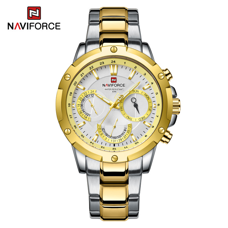 ساعت مچی مردانه نیوی فورس مدل naviforce 9196 طلایی نقره ای