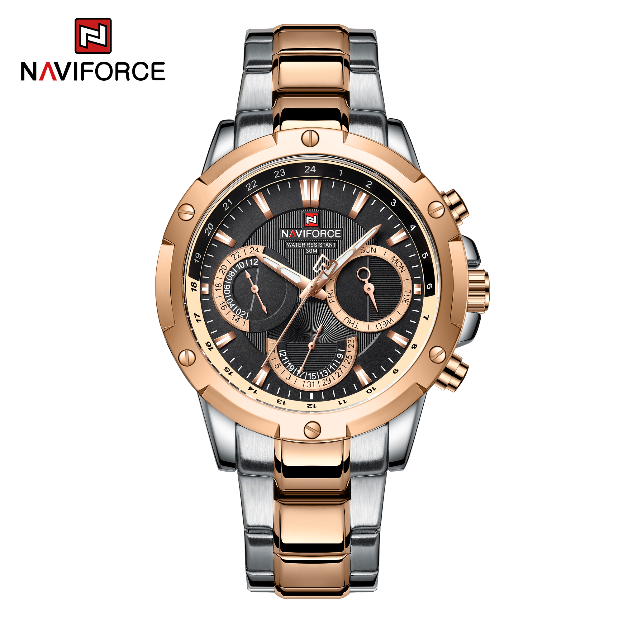 ساعت مچی مردانه نیوی فورس مدل naviforce 9196 رزگلد مشکی