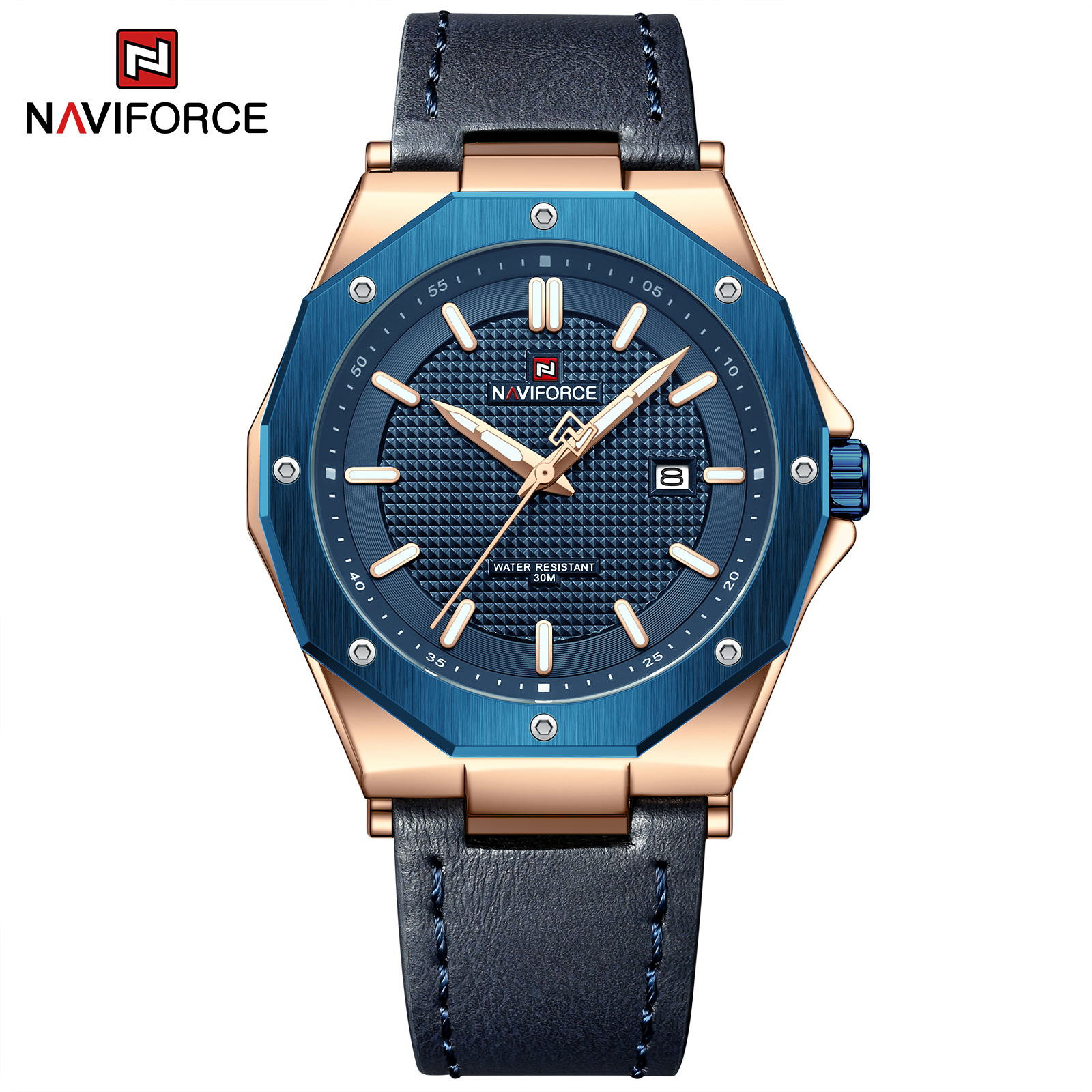 ساعت مچی مردانه چرمی نیوی فورس مدل Naviforce 9200 رزگلد آبی