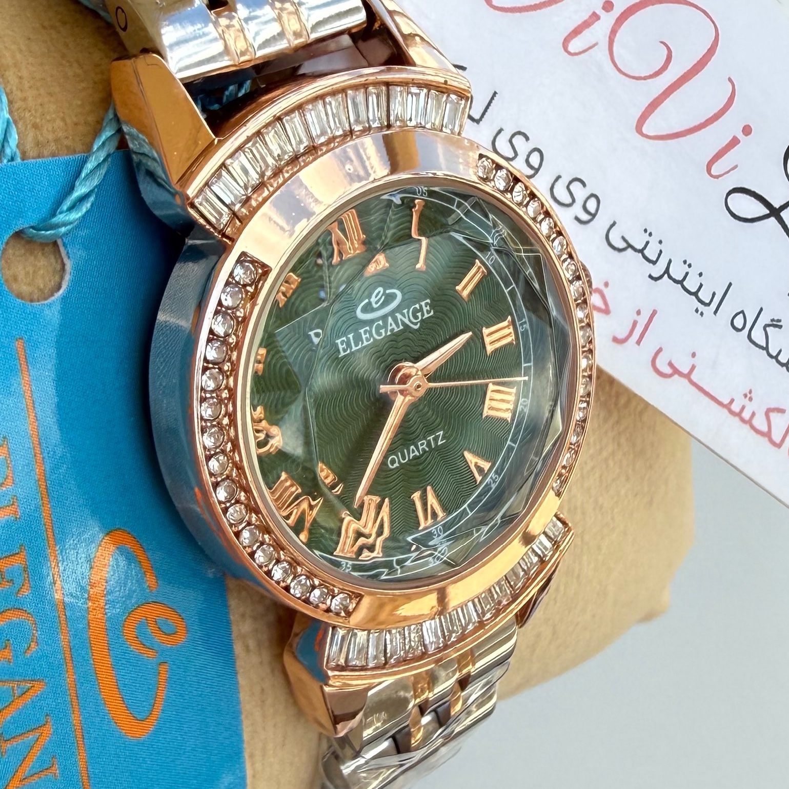 ساعت الگانس موتور ژاپن زنانه و دخترانه با مدل نگین باگت جواهری